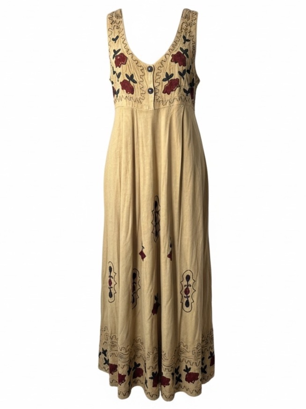 Vintage Boho Embroidered Applique Beige Floral Jumper Maxi Dress Womens size XL - Picture 2 of 8